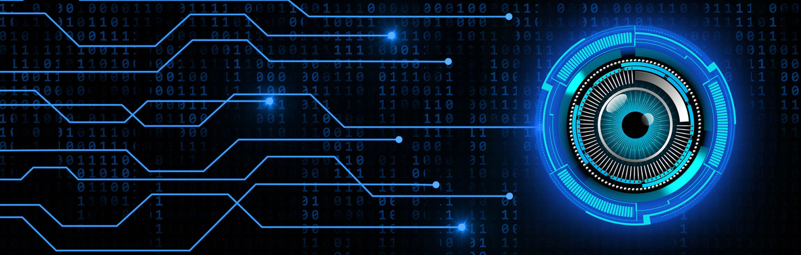 Ein stilisiertes Cyber-Auge mit Verbindungslinien angelehnt an Platinenoptik