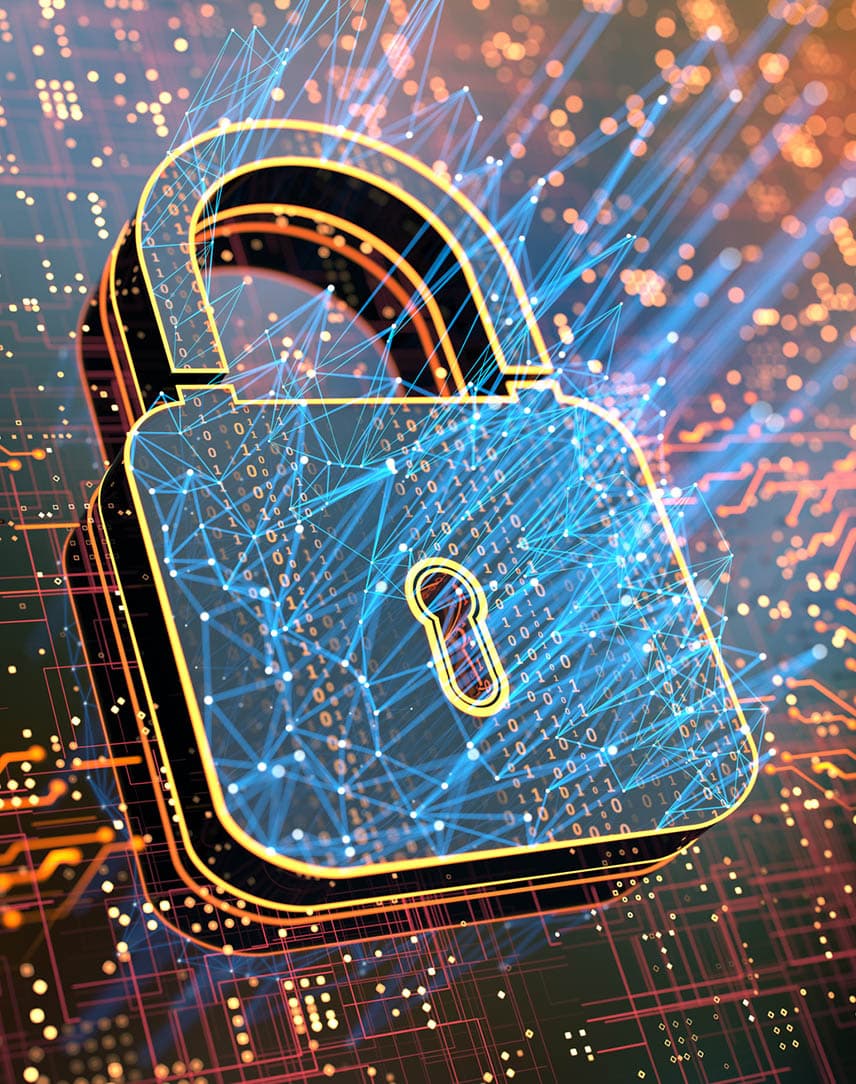 Ein Vorhängeschloss auf einer Platine, durch die Codes und Lichtstrahlen laufen