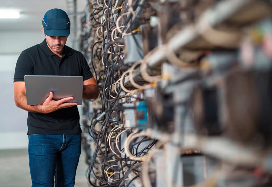 Ein IT-Techniker mit Laptop neben Server-Racks
