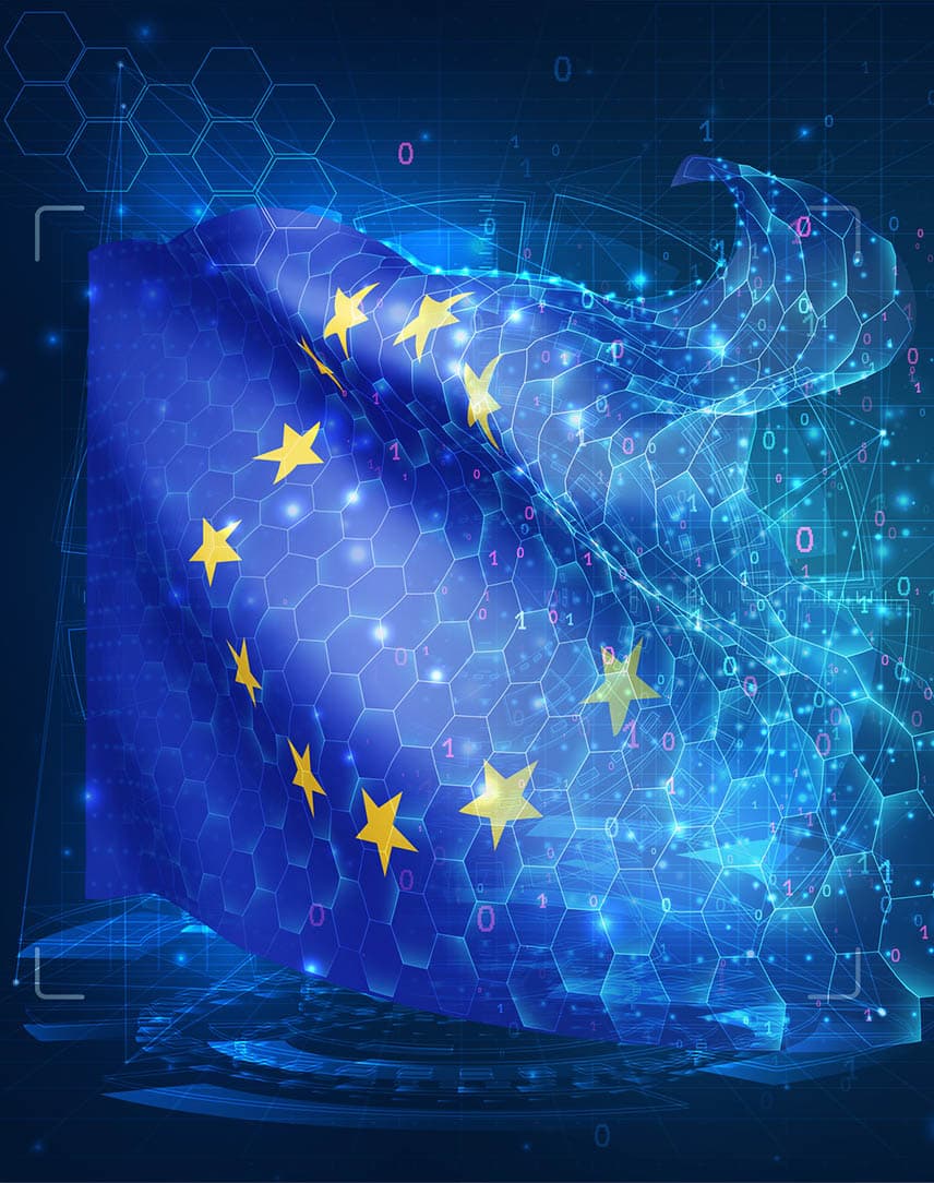 Bildkomposition aus Europa-Flagge, Code und Netzwerkverbindungen