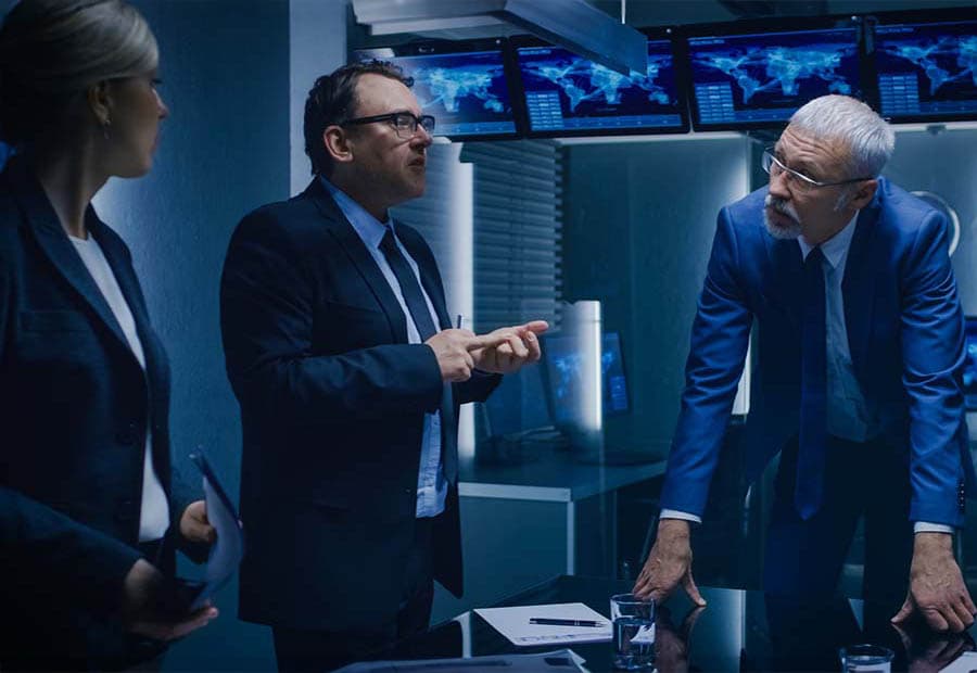Drei Personen in Anzügen bei einer Besprechung in einem blau erleuchteten Raum