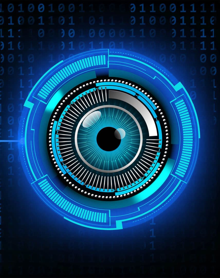 Ein blaue stilisierte Pupille mit Linien sowie 1-0-Zahlenreichen, die eine IT-Überwachung darstellen sollen