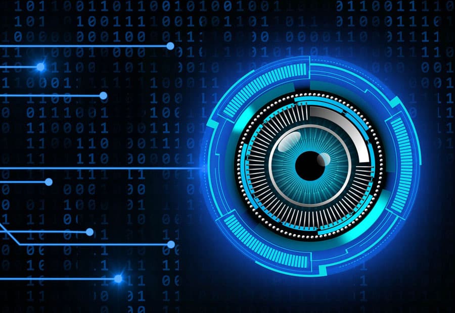 Ein blaue stilisierte Pupille mit Linien sowie 1-0-Zahlenreichen, die eine IT-Überwachung darstellen sollen