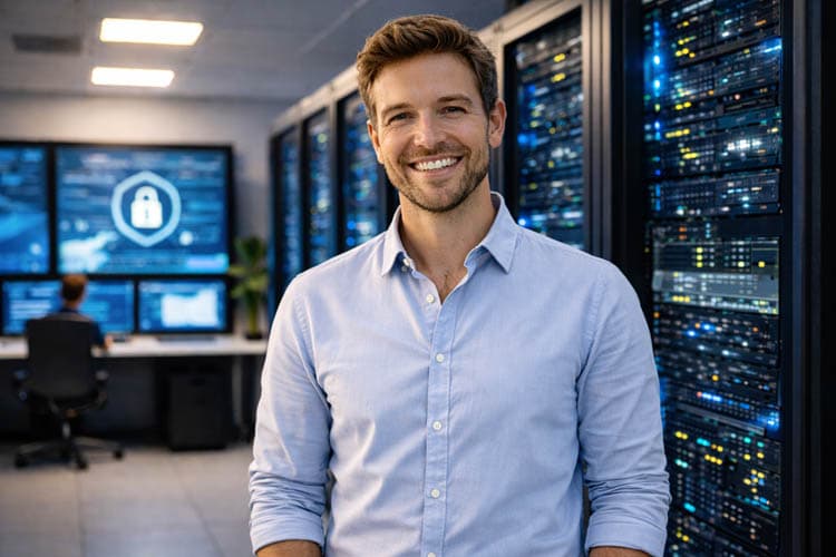 Ein Mann im blauen Hemd steht lächelnd vor Serverschränken, im Hintergrund Bildschirme mit einem symbolischen Sicherheitsschloss und einer Person auf einem Bürostuhl.