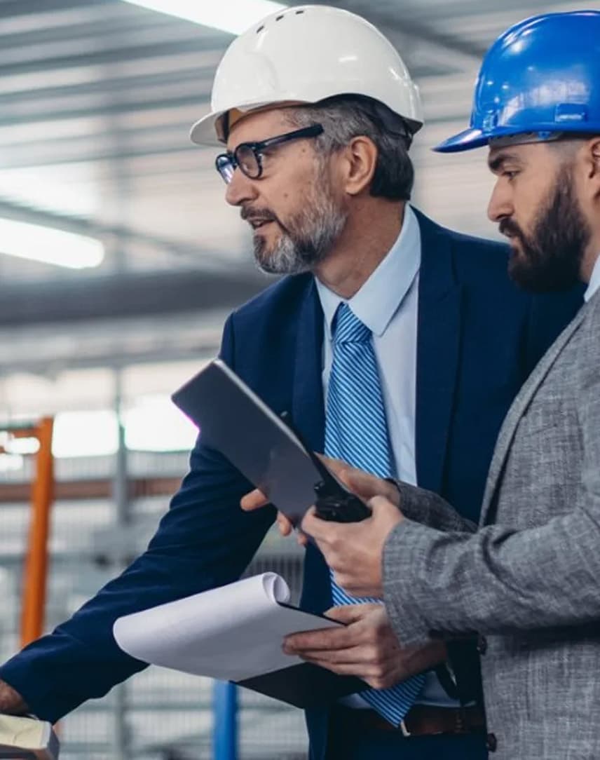 Zwei Männer im Anzug mit Helm in einer Fabrikhalle schauen auf einen Computer