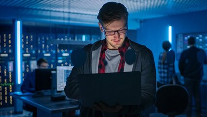 Mann am Laptop in einem Serverraum