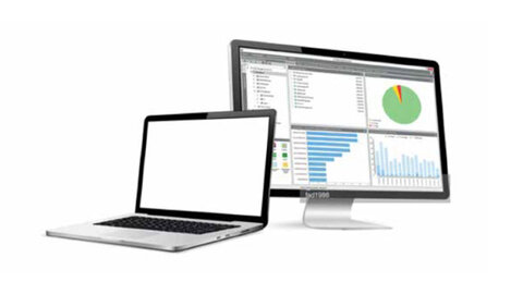 Laptop und Computer mit Infografiken auf dem Bildschirm