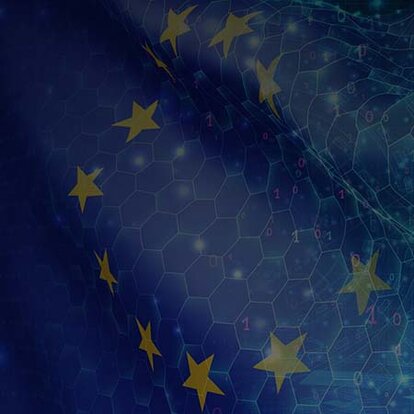 Bildkomposition aus Europa-Flagge und Netzwerkverbindungen